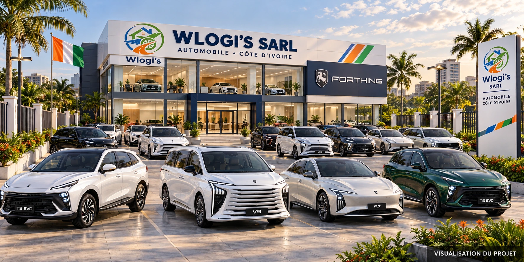 Visualisation du projet de parc automobile WLOGI’S SARL en Côte d’Ivoire, avec un showroom et plusieurs véhicules Forthing